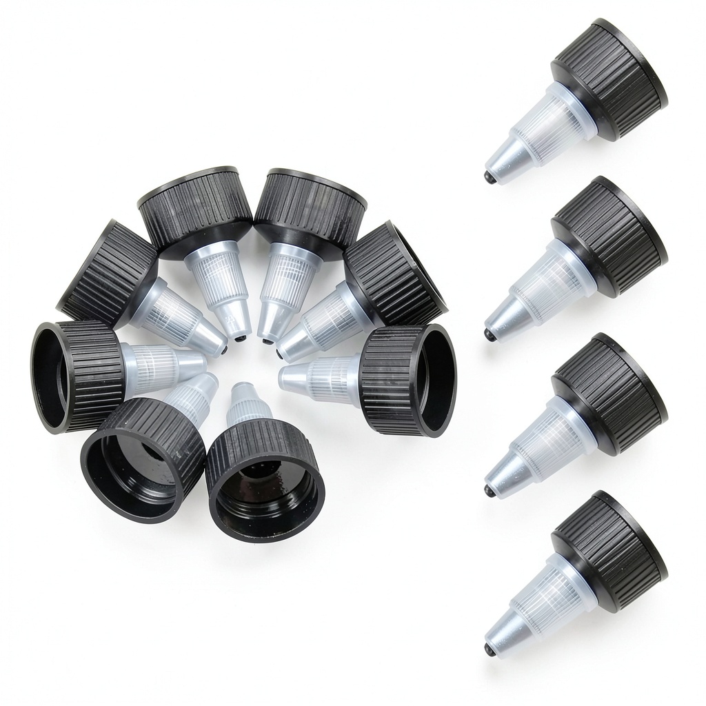 TELADESHX bottle dispensing caps showing conical design and dimensions